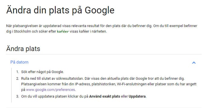 Googles anvisningar för plats sök