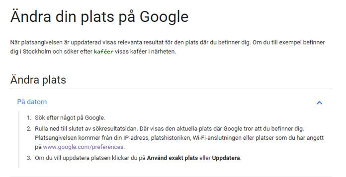 Googles anvisningar för plats sök